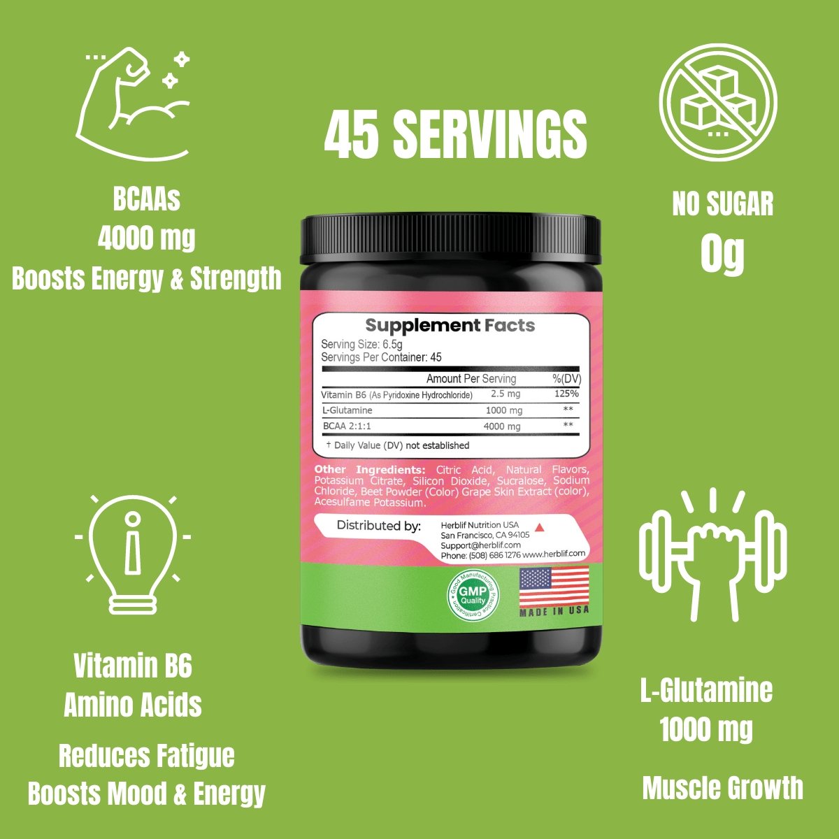 BCAA Amino Acids Electrolytes Support Muscle Recovery Boost Endurance [2-Pack] - Herblif Nutrition USA
